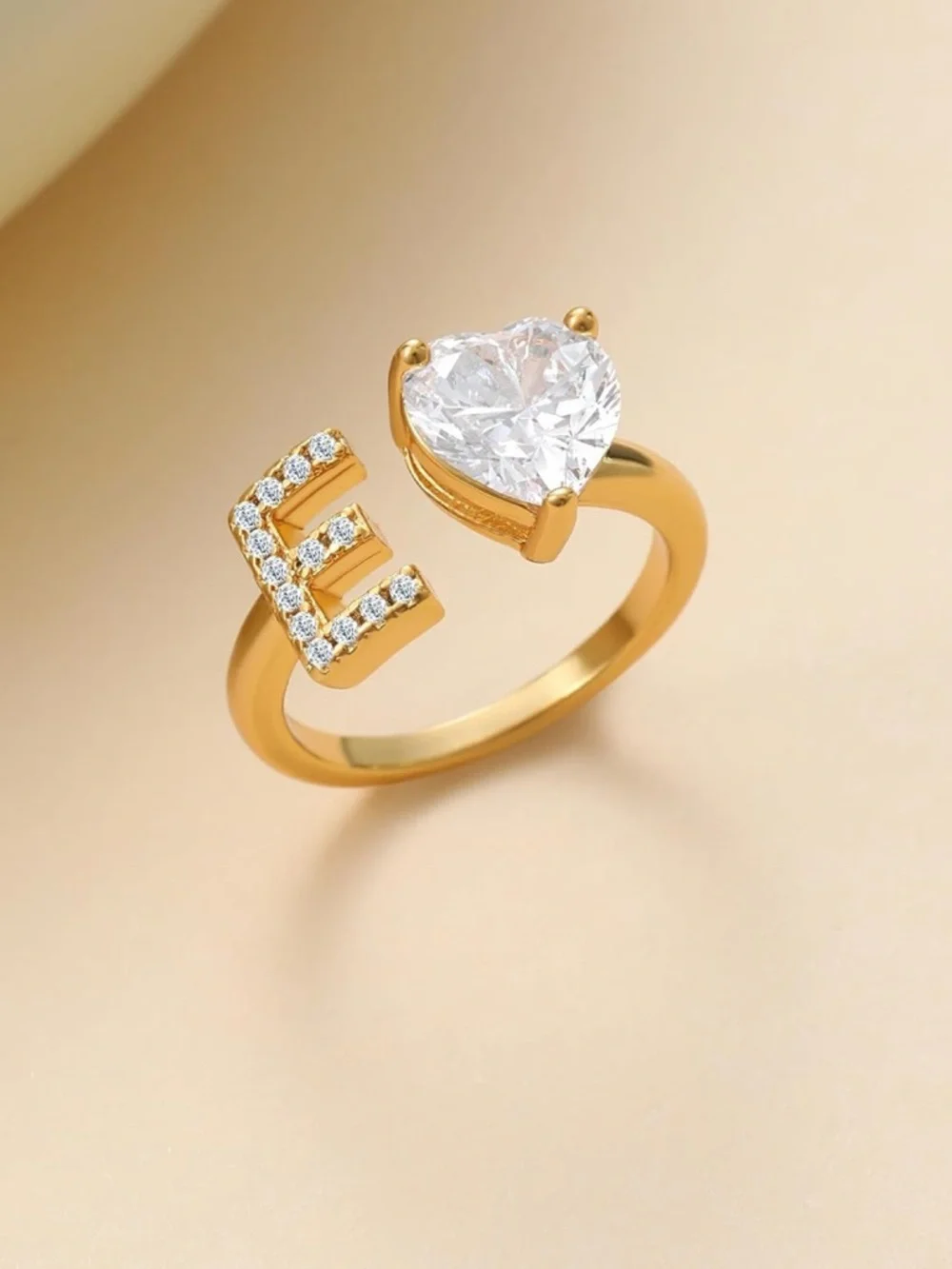 Gold Initial E Ring with Heart CZ Accent - Women Jewelry